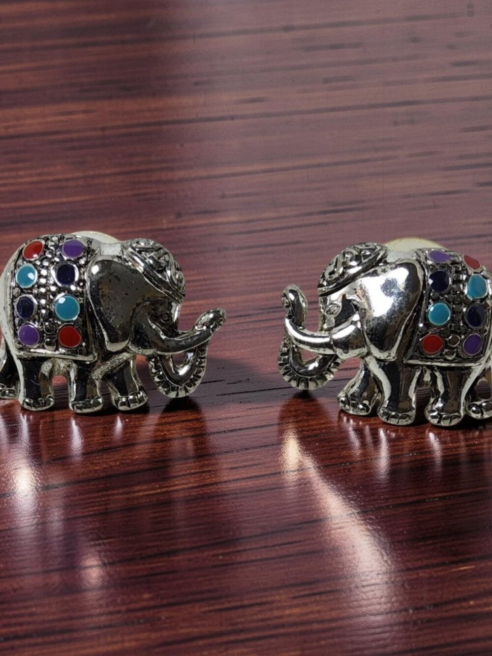vintage silver tone good luck elephant multicolor enamel dots earrings